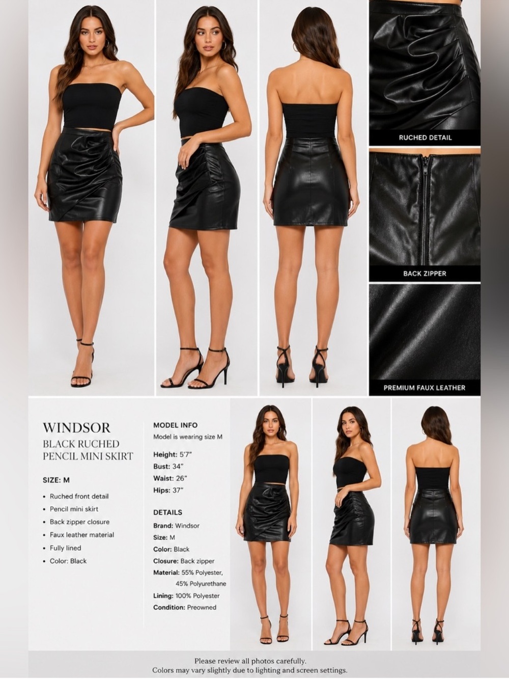 Windsor Black Faux Leather Ruched Mini Skirt Size M